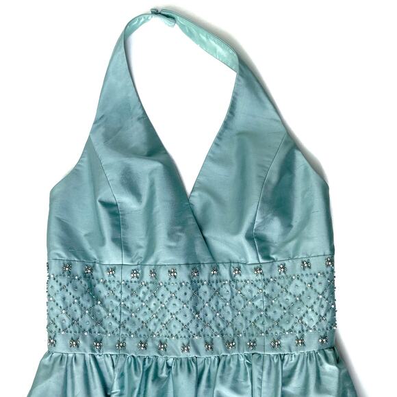 Vintage Anne Klein 100% Silk Seaglass Halter Dress | Beaded Waist | 50s Inspired - Picture 7 of 16